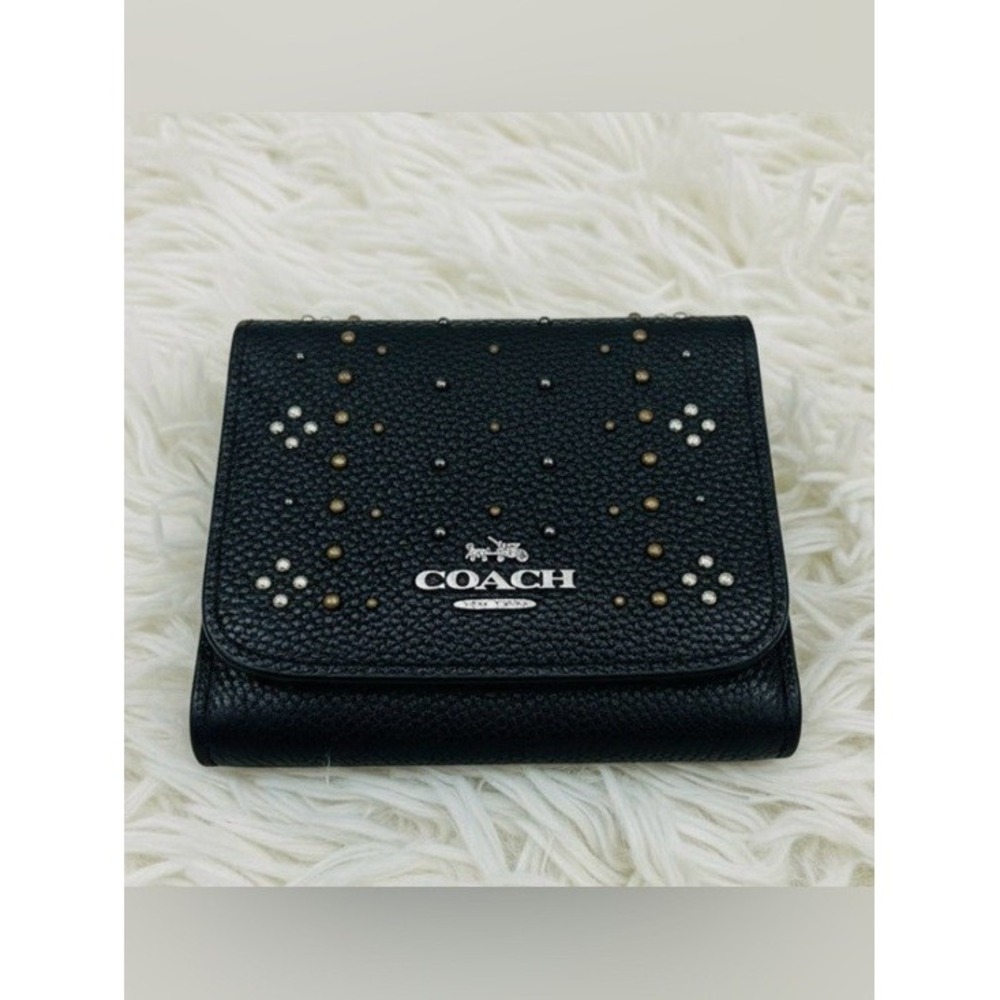 Coach Black Pebbled Leather Studded Trifold Wallet Western Studs Small Compact